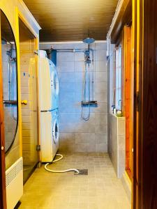 a bathroom with a washing machine and a shower at Countryside riverside cabin for both winter and summer in Janakkala