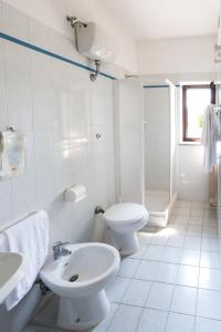 a white bathroom with a toilet and a sink at Hotel Krizman in Monrupino