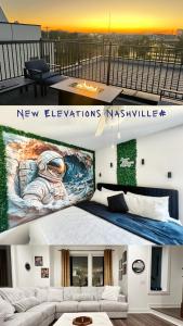 a collage of two pictures of a living room at New Elevations Rooftop 5 Min to Downtown Nash in Nashville