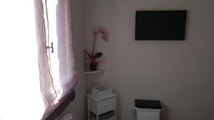 a room with a television and a plant on the wall at Les Roches Fleuries in Prunières