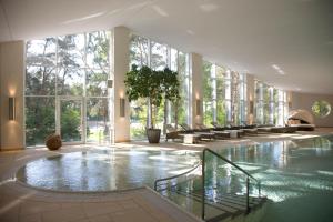 ein großes Schwimmbad in einem Gebäude mit Fenstern in der Unterkunft Strandhotel Fischland in Dierhagen