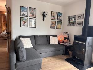 a living room with a gray couch and a fireplace at Courmayeur~navetta gratuita per il centro+impianti in Courmayeur