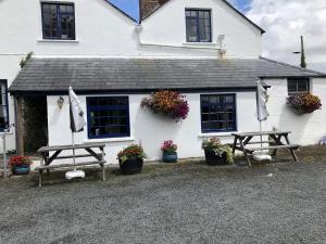 un edificio blanco con dos mesas de picnic delante de él en Blue Lion Inn, en Lewdown