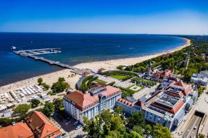 an aerial view of a beach and the ocean at Sheraton Sopot Hotel in Sopot