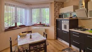 a kitchen with a table and a kitchen with a stove at Clara Valis - Village House in Doľany