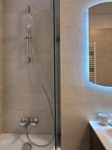 una ducha en un baño con puerta de cristal en ELA Cotroceni Residence - self check in & free parking, en Bucarest