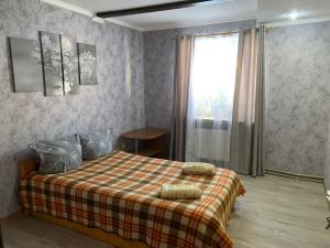 a bedroom with a bed with a plaid blanket and a window at Бадьорість карпат in Slavske
