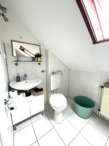 a bathroom with a toilet and a sink at Gemütliche Wohnung für 5 Personen, Playmobil, Palm Beach in Stein bei Nürnberg