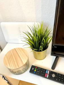 a desk with a plant and a remote control at Gemütliche Wohnung für 5 Personen, Playmobil, Palm Beach in Stein bei Nürnberg