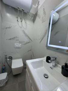 Un baño con lavabo, espejo e inodoro. en Hanna Apartment, en Tirana