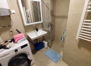 Un baño con lavadora y lavabo. en Room in a nice sunny apartment, en Vračar (historical)