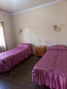 2 Betten in einem Zimmer mit lila Bettwäsche in der Unterkunft Damasco in San Rafael