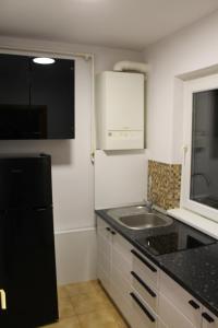 cocina con fregadero y nevera negra en Tristan`s Home, en Sfântu-Gheorghe