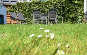quattro sedie e fiori in un campo d'erba di Camping Astrid a Bredene