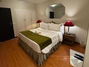 a bedroom with a large bed with a mirror at Maisonette Firhill Hotel & Resort in Murree