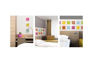 a collage of three pictures of a bedroom at Business & Budget Hotel Tessin in Munich