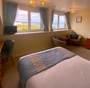 a bedroom with a bed and two windows at The Briars in Paignton