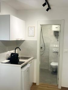 cocina blanca con lavabo y aseo en Luxury Lana apartments, en Bar