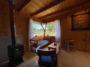 a living room with a wood stove in a cabin at Valle de los Volcanes Lodge in Villarrica