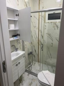 a bathroom with a shower and a sink and a toilet at King Istanbul Hotel in Istanbul +67 photos