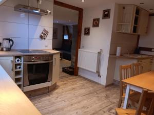 a kitchen with a stove and a counter top at NEU! Ferienwohnung Schwalbe in Grünow