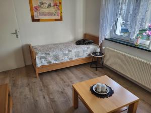 a small room with a bed and a table at Ferienwohnung in Hameln am Wald in Hameln