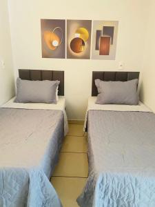 two beds in a room with paintings on the wall at Cerrado Gran Hotel in Rio Verde