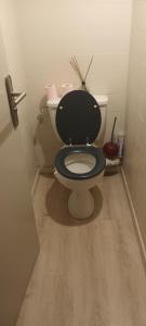 a bathroom with a toilet with a black seat at Appartement agréable pour 6 in Biguglia +12 photos