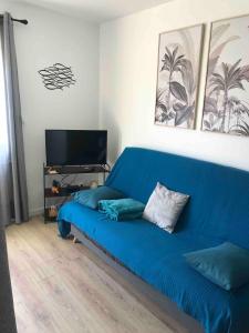 a blue couch in a living room with a television at Studio spacieux bord de mer in Camiers