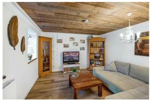 a living room with a couch and a tv at Landhaus am Schloss in Küps
