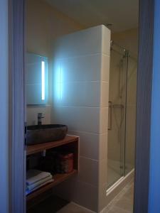 un bagno con lavandino e doccia di Gîtes de Charme Lalaurie a Sauveterre-la-Lémance