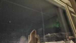 una persona mirando por la ventana de un autobús en Ronjas hjem, en Tromsø