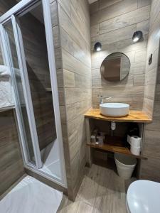 ein Badezimmer mit Waschbecken und Dusche in der Unterkunft Angleterre Hotel in Paris