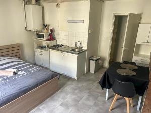 a bedroom with a bed and a table and a kitchen at Studio du Jura in Lons-le-Saunier