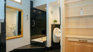 a bathroom with a toilet and a sink and a mirror at Superbe appartement traversant 132m2, classé 5 étoiles, Sarlat centre in Sarlat-la-Canéda +33 photos