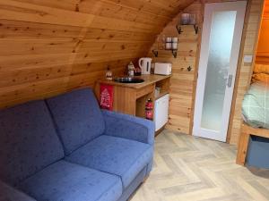 a living room with a blue couch in a cabin at Smugglers Cove in Widows Row