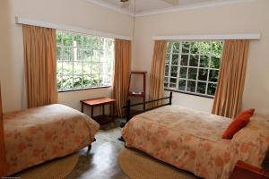 1 dormitorio con 2 camas y 2 ventanas en Down Gran's Self-Catering Cottage en Lobamba