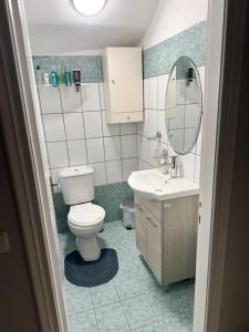 a bathroom with a toilet and a sink and a mirror at Bruskos Holiday Deluxe in Kynopiástai +35 photos