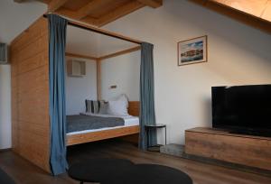 a bedroom with a bed and a tv in it at Ferienapartment bavarian living in Moosinning