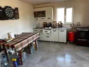 een keuken met een tafel en een dartbord aan de muur bij Cabana de la Sat in Iablaniţa
