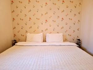 a bed with two pillows and a wall with flowers at Lake View in Ioannina