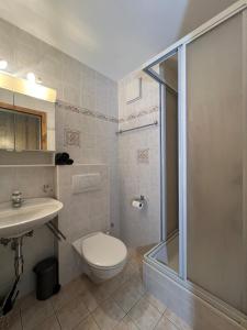 a bathroom with a toilet and a sink and a shower at Apartment with a garden, close to golf in Lens