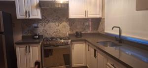 a kitchen with white cabinets and a stove and a sink at Tiny Home Villa - T8 in San Diego