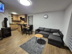 a living room with a couch and a table at Zołcyniańsko Panorama in Załuczne