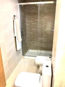 a bathroom with a shower and a toilet and a sink at Ap. Palacete Marqués d la Vega in Antequera +13 photos