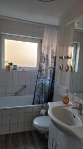 a bathroom with a sink and a toilet and a window at Mia Casa in Kehl am Rhein