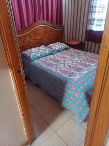 a bedroom with a bed with a blue comforter at PARCELA en MELIPILLA in Melipilla