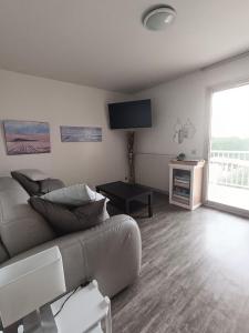 a living room with a couch and a television at Chez Laurette in Balaruc-les-Bains