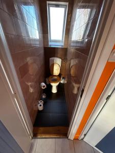 un piccolo bagno con servizi igienici e finestra di Mediterran Rose Apartments a Zamárdi Altre 75 foto