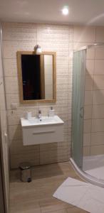 a bathroom with a sink and a shower and a mirror at Romanówka pod Śnieżką in Kowary